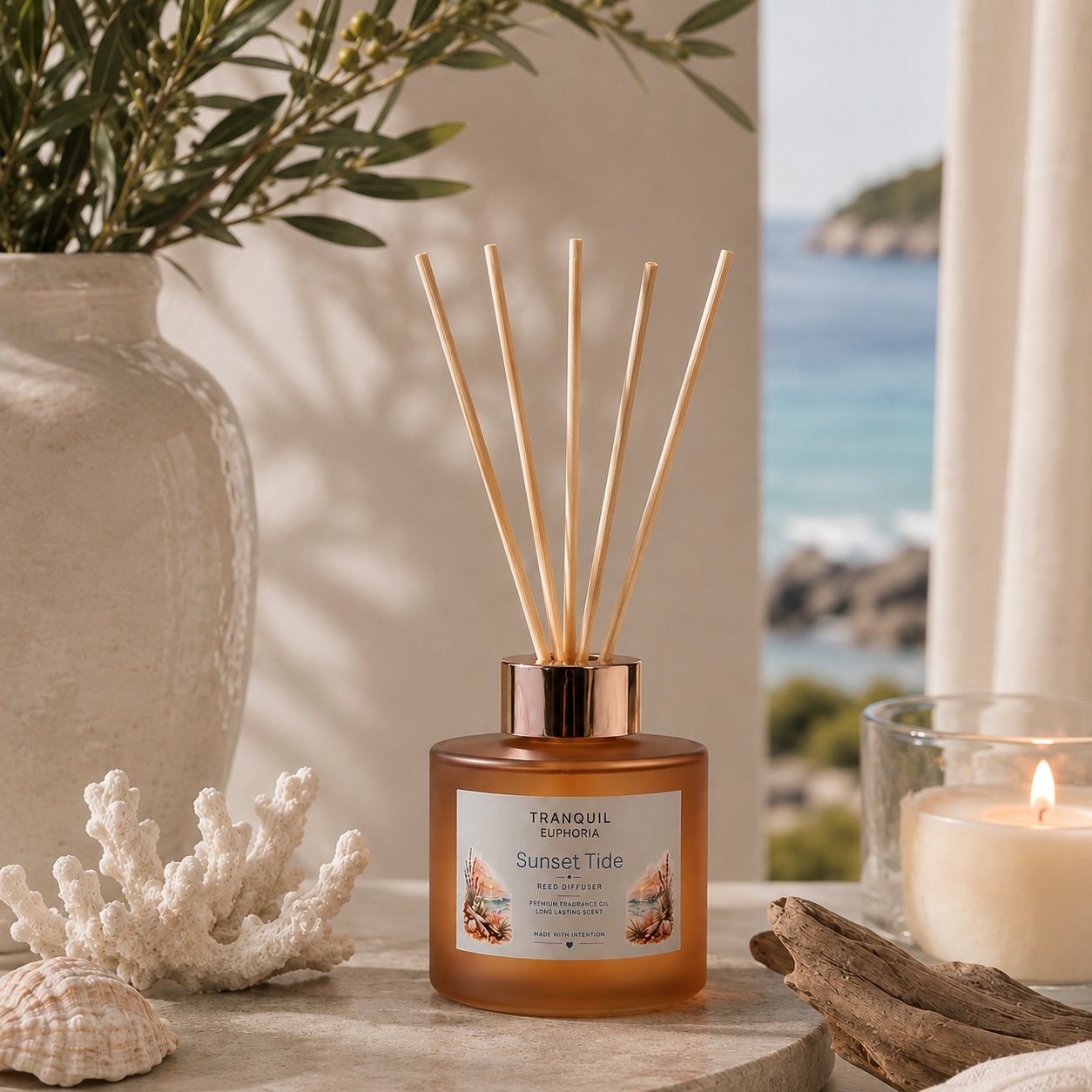 Sunset Tide round reed diffuser with six fibre reeds styled beside an ocean view
