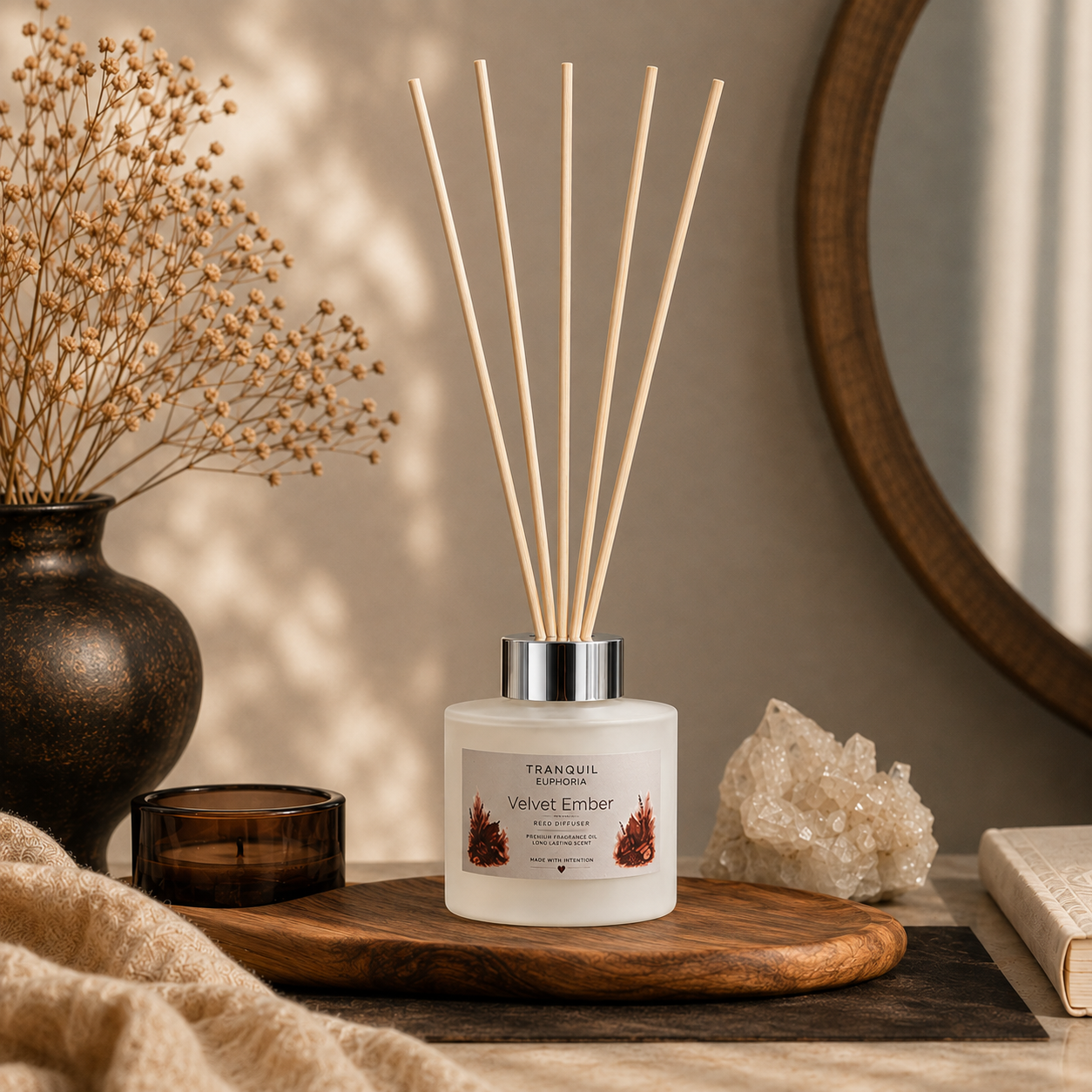 Velvet Ember round reed diffuser with six fibre reeds beside crystals and a mirror