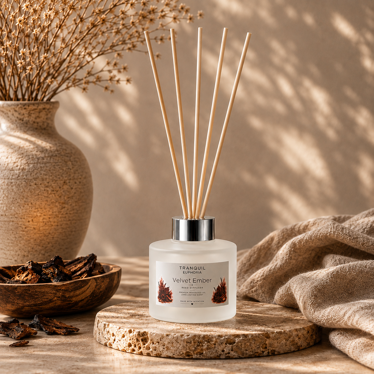Velvet Ember round reed diffuser with six fibre reeds in a sunlit neutral setting
