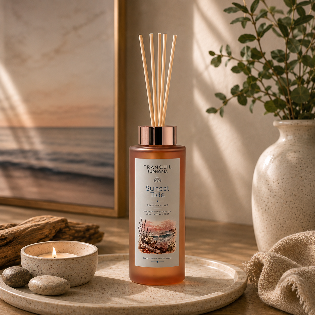 Sunset Tide tower reed diffuser with six fibre reeds styled beside an ocean view