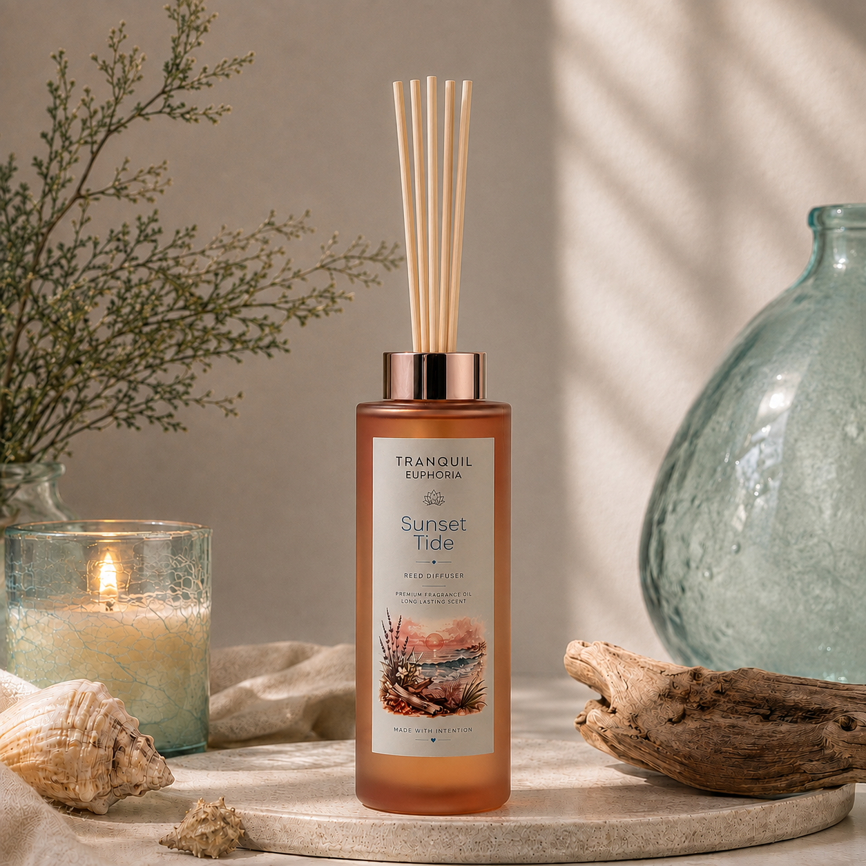 Sunset Tide tower reed diffuser with six fibre reeds styled with shells and driftwood