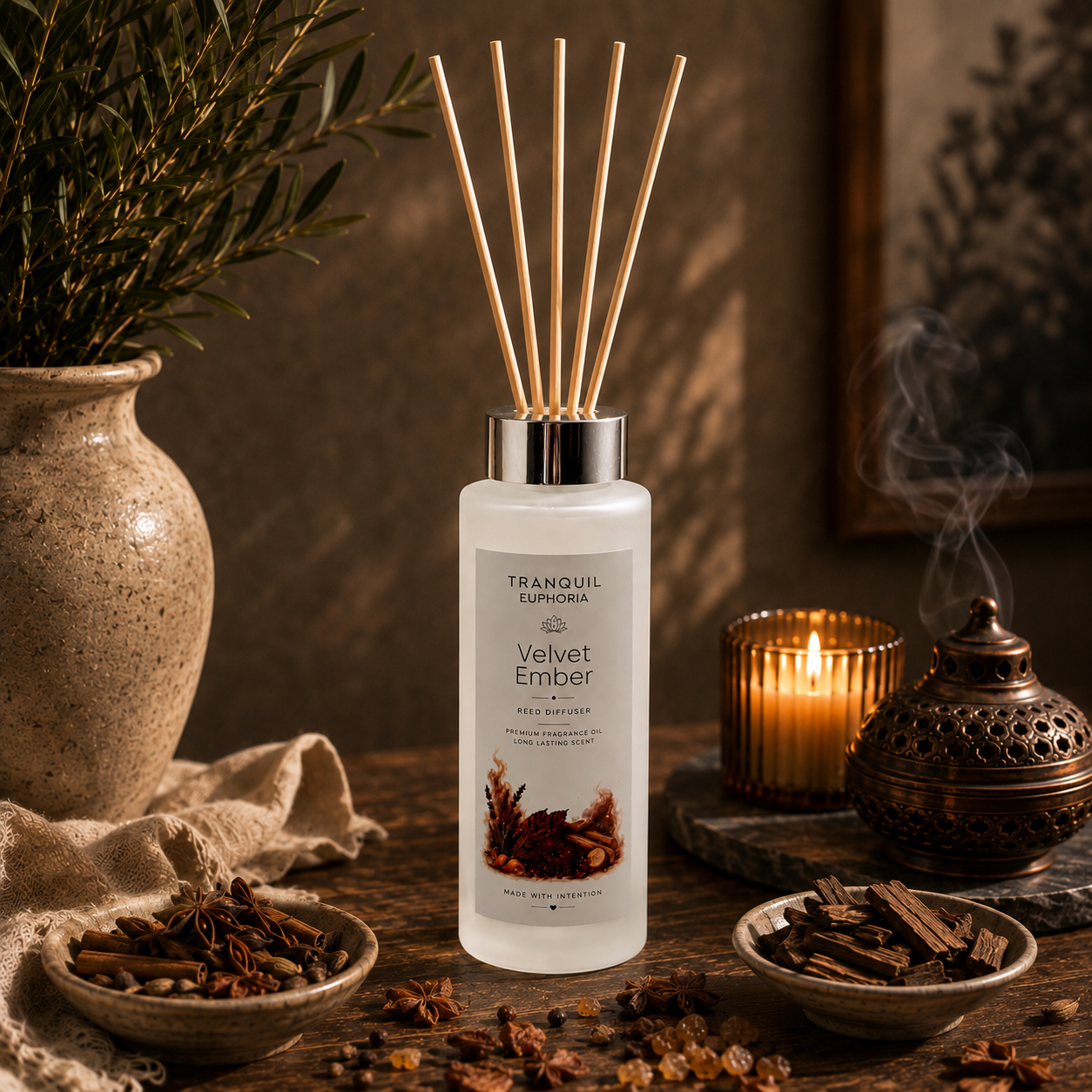 Velvet Ember tower reed diffuser with six fibre reeds beside a candle and warm spices