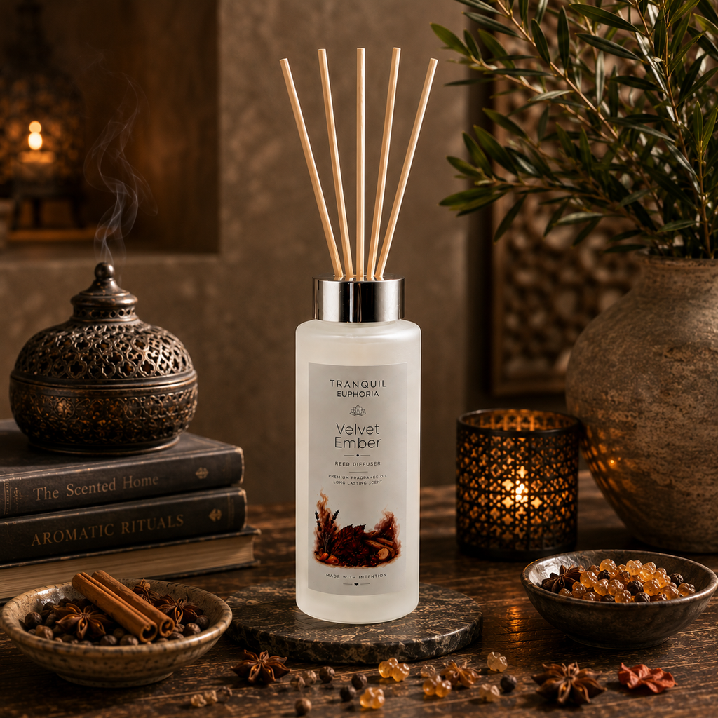 Velvet Ember tower reed diffuser with six fibre reeds in a dark aromatic setting