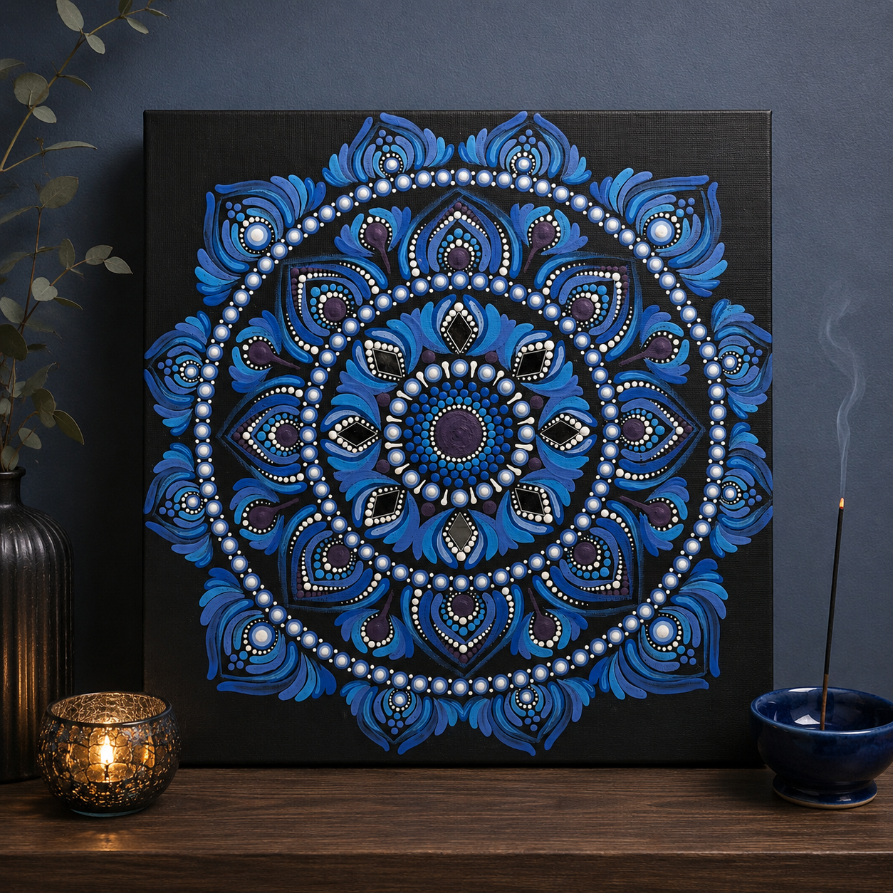 Reflection hand-painted dot art mandala, full artwork view