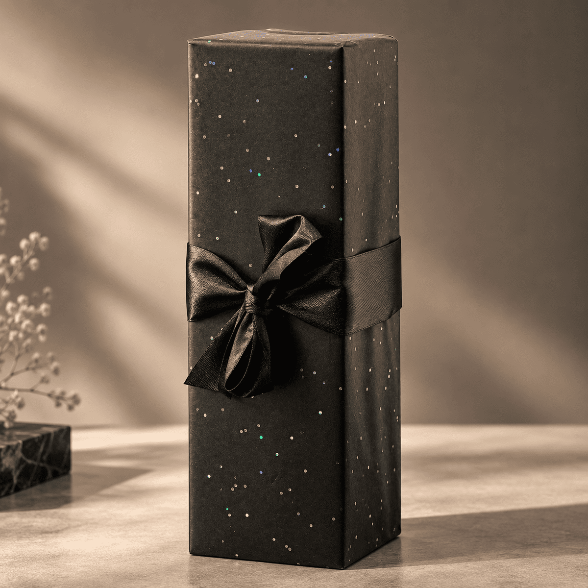 A Spicy Tobacco reed diffuser wrapped in black paper with scattered small multicolor confetti dots and tied with a black satin ribbon bow, standing on a tabletop against a warm neutral background.