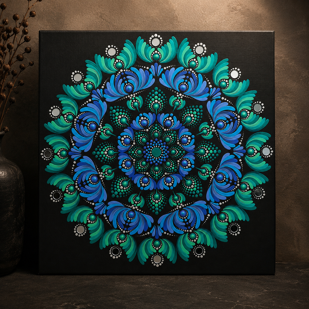 Serenity hand-painted dot art mandala, full artwork view