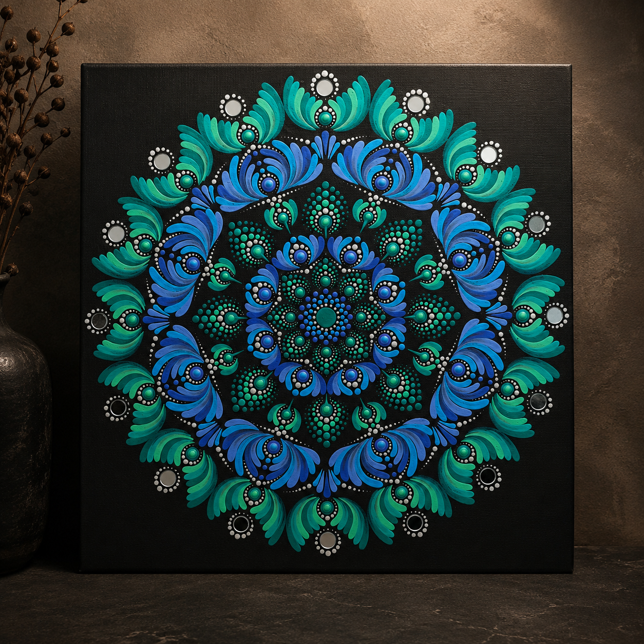 Serenity hand-painted dot art mandala, full artwork view