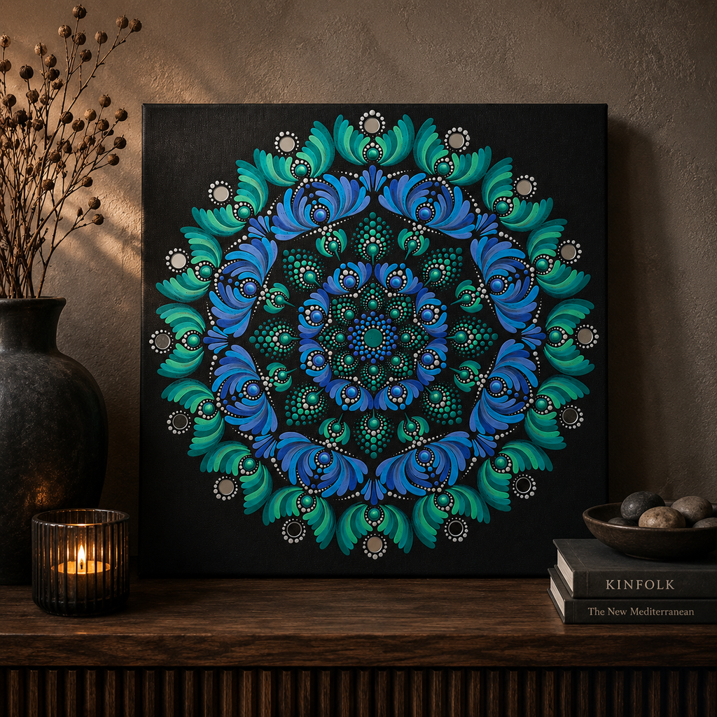 Serenity hand-painted dot art mandala, alternate artwork view