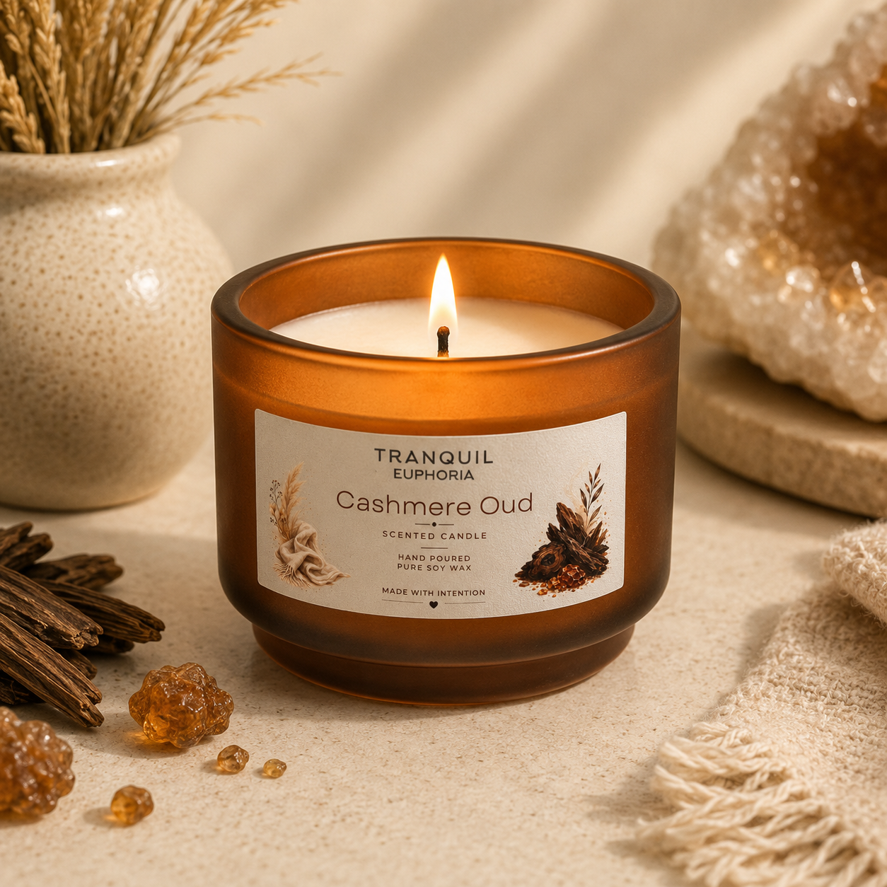 Lit Cashmere Oud soy wax candle in an amber glass vessel in a bright neutral setting