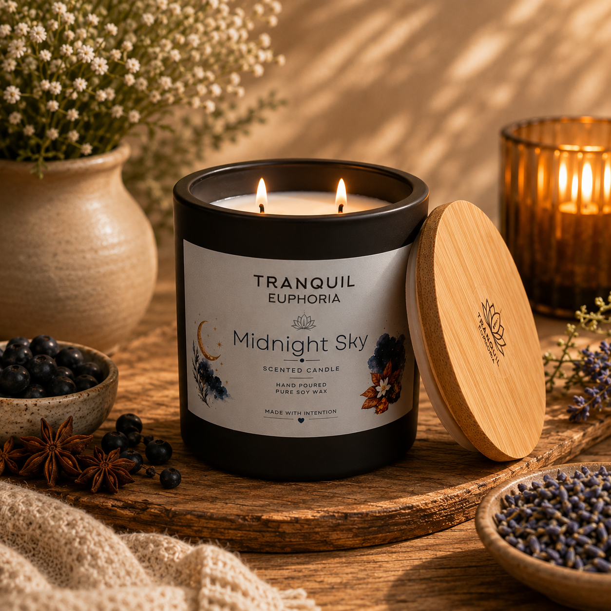Lit Midnight Sky soy wax candle with two wicks in a black glass vessel