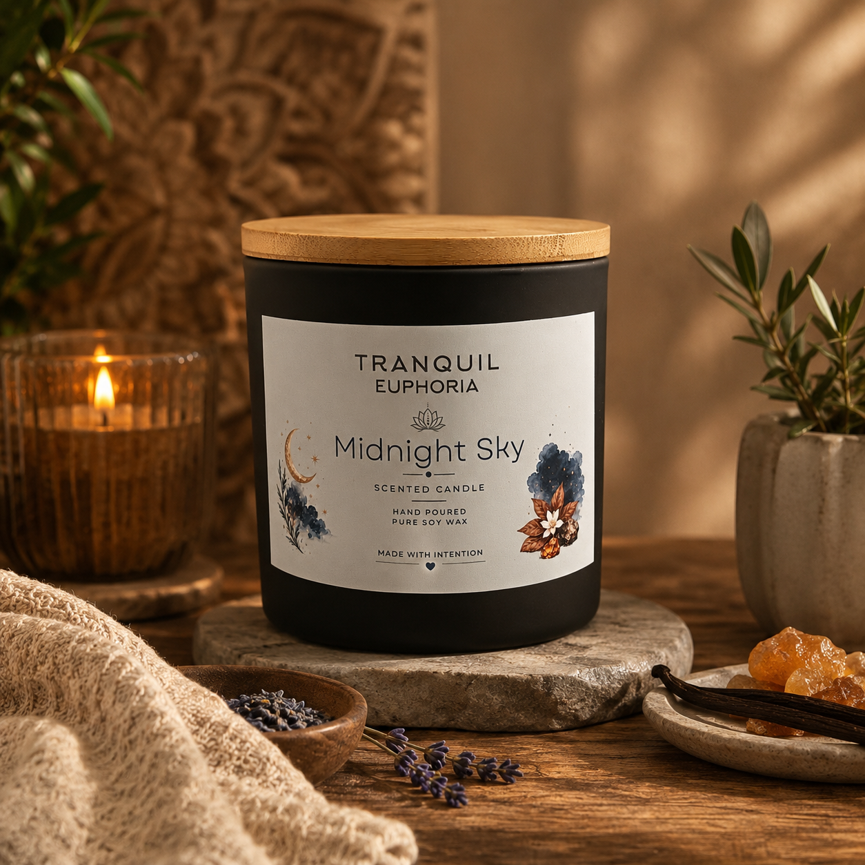 Midnight Sky soy wax candle with a bamboo lid in a black glass vessel