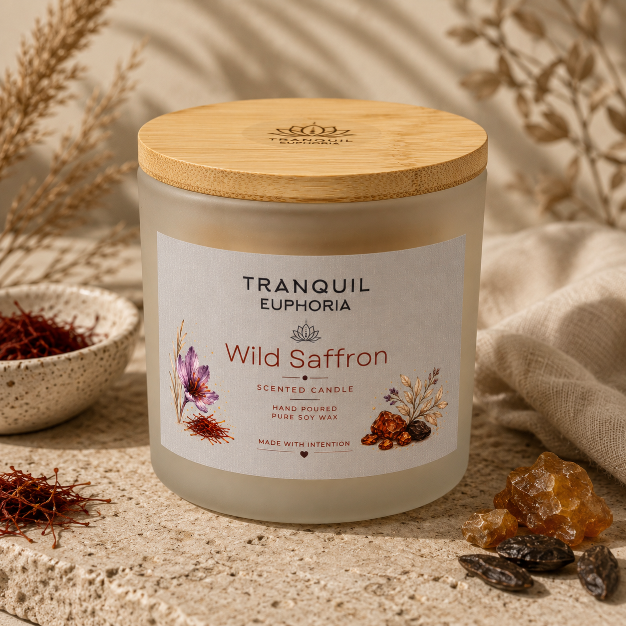 Wild Saffron large soy wax candle with a bamboo lid in a frosted white vessel