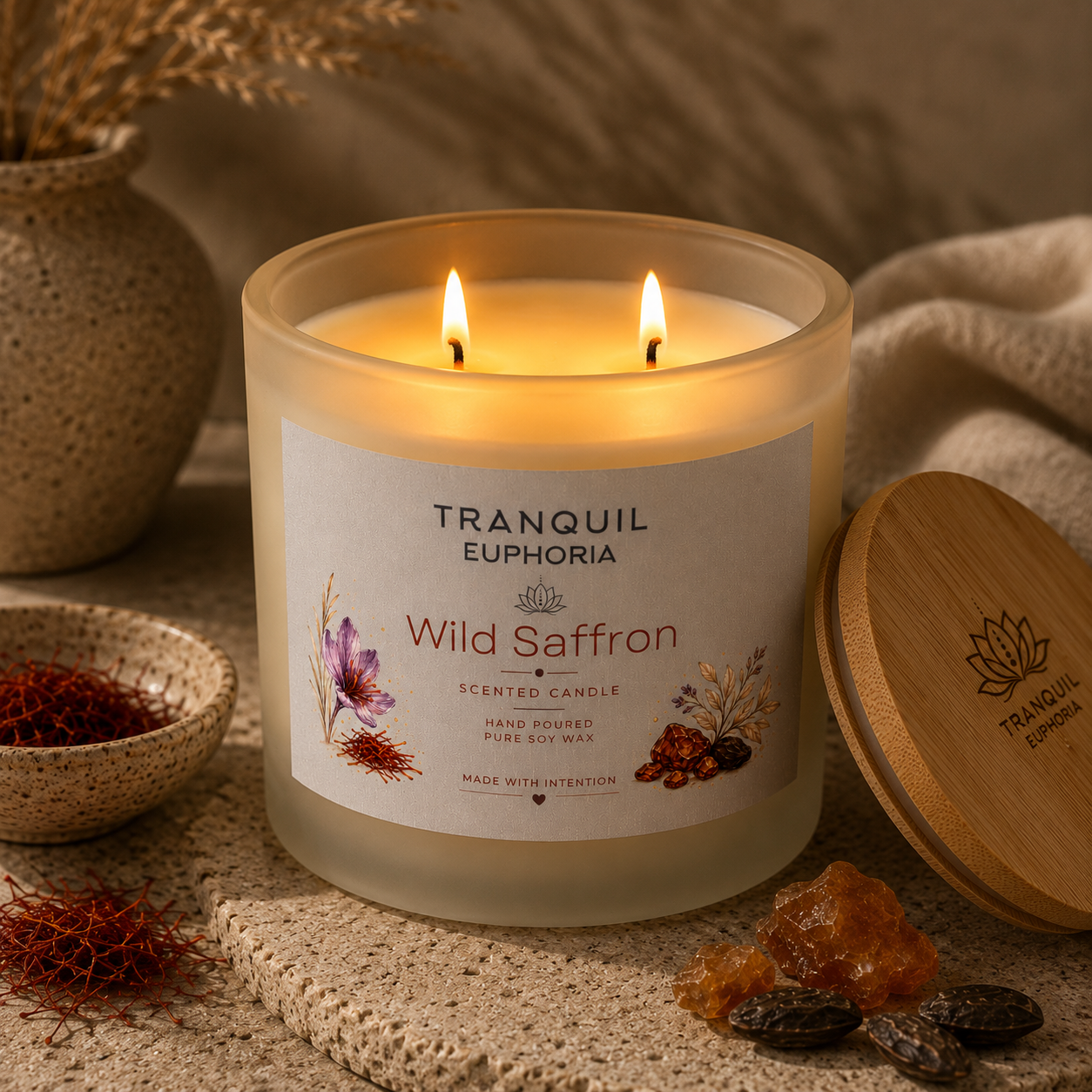 Lit Wild Saffron large soy wax candle with two wicks in a frosted white vessel
