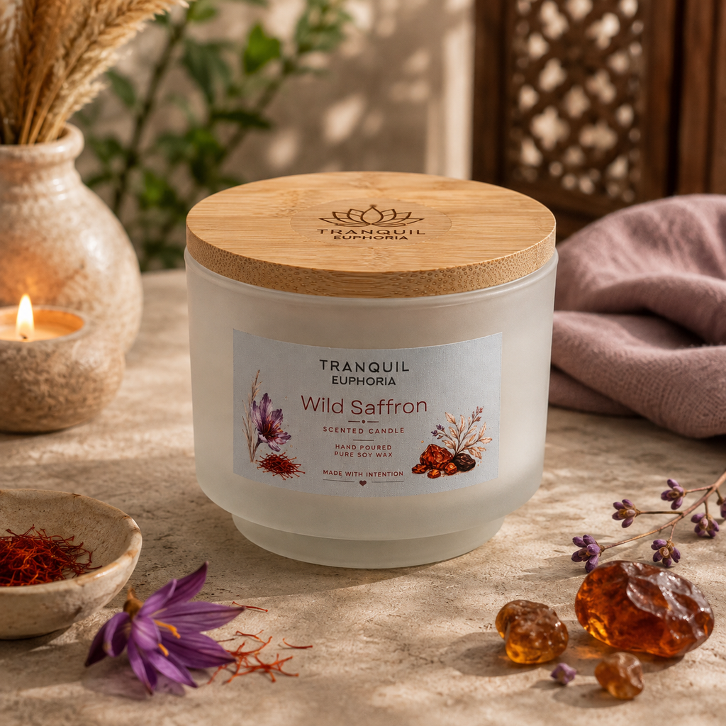 Wild Saffron small soy wax candle with a bamboo lid in a frosted white vessel