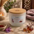 Wild Saffron small soy wax candle with a bamboo lid in a frosted white vessel