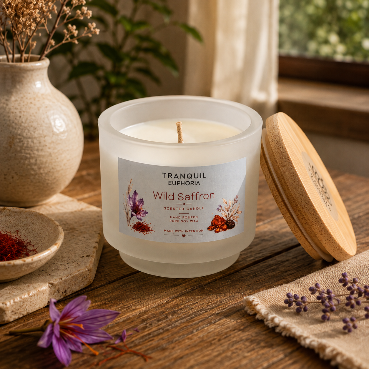 Lit Wild Saffron small soy wax candle in a frosted white vessel