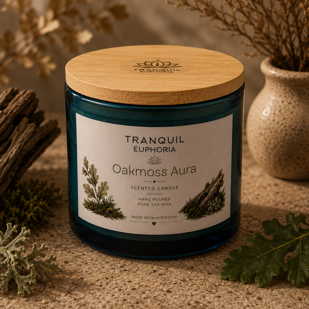 Oakmoss Aura large soy wax candle in a styled product view