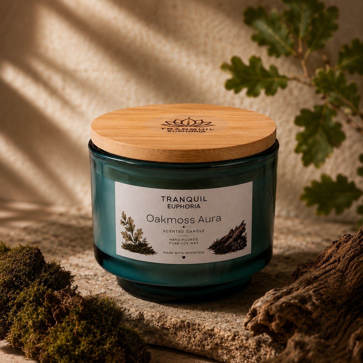 Oakmoss Aura small soy wax candle in a styled product view