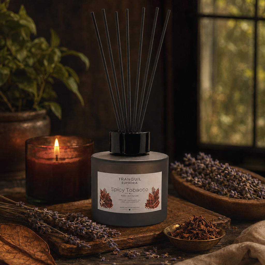 Spicy Tobacco round reed diffuser with six black fibre reeds beside lavender and a candle