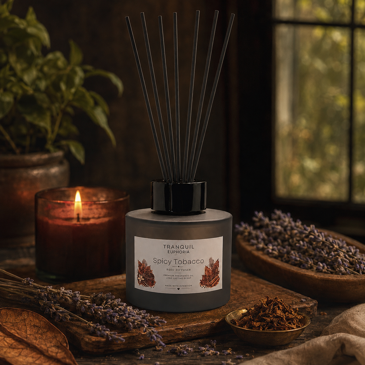 Spicy Tobacco round reed diffuser with six black fibre reeds beside lavender and a candle