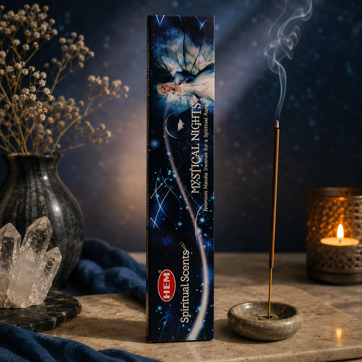 HEM Mystical Nights spiritual incense packaging in a dark blue ritual setting