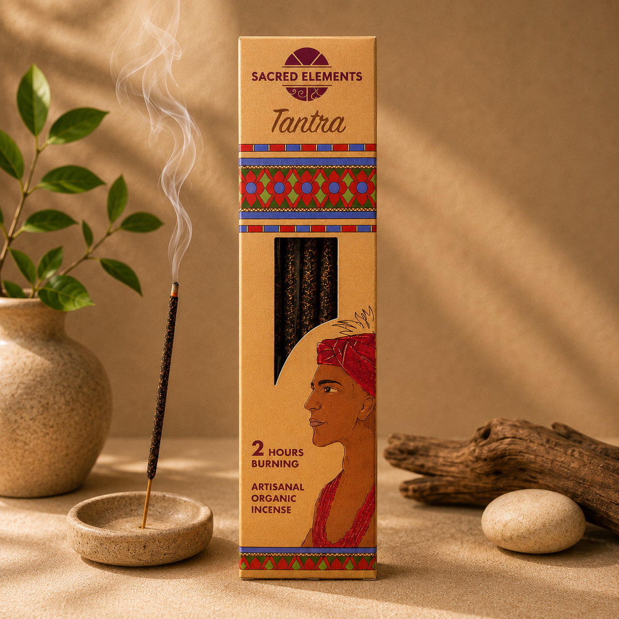 Box of Sacred Elements Tantra incense with a burning incense stick and natural elements on a beige background