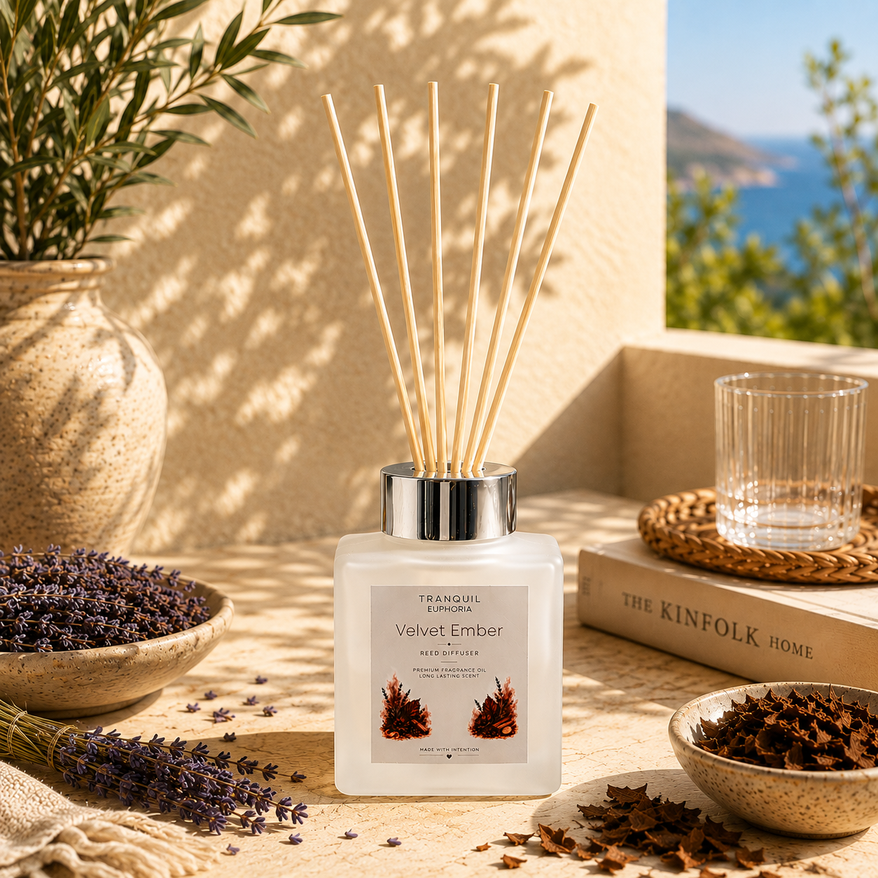 Velvet Ember cube reed diffuser with six fibre reeds in a bright sunlit setting