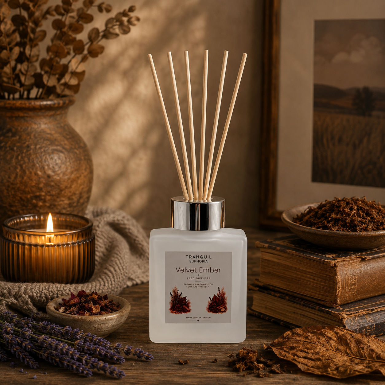 Velvet Ember cube reed diffuser with six fibre reeds beside lavender and a candle