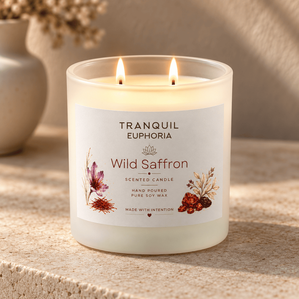 A lit Tranquil Euphoria Wild Saffron scented candle in a clear glass jar with two flames burning, set on a textured stone surface with a warm, softly blurred background.