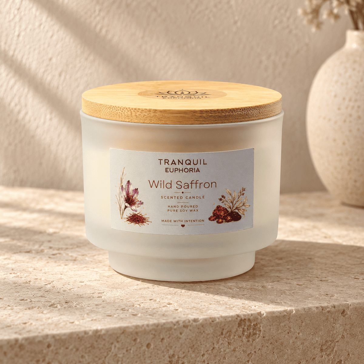 A Tranquil Euphoria Wild Saffron scented candle in a frosted glass jar with a light bamboo lid, set on a textured stone surface against a warm beige background.