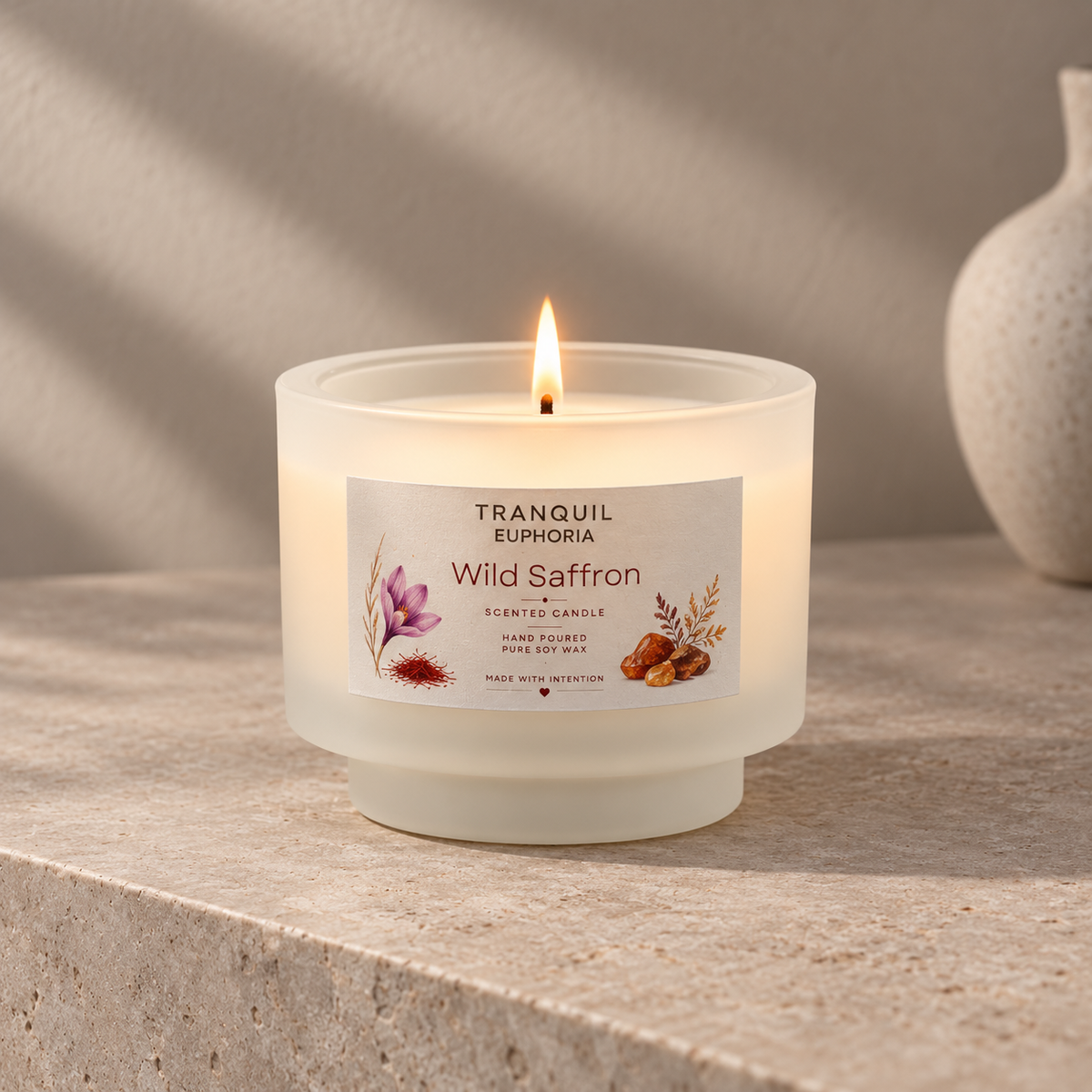 A lit Tranquill Euphoria Wild Saffron scented candle in a frosted glass jar, set on a textured stone surface with soft shadows and a ceramic vase in the background.