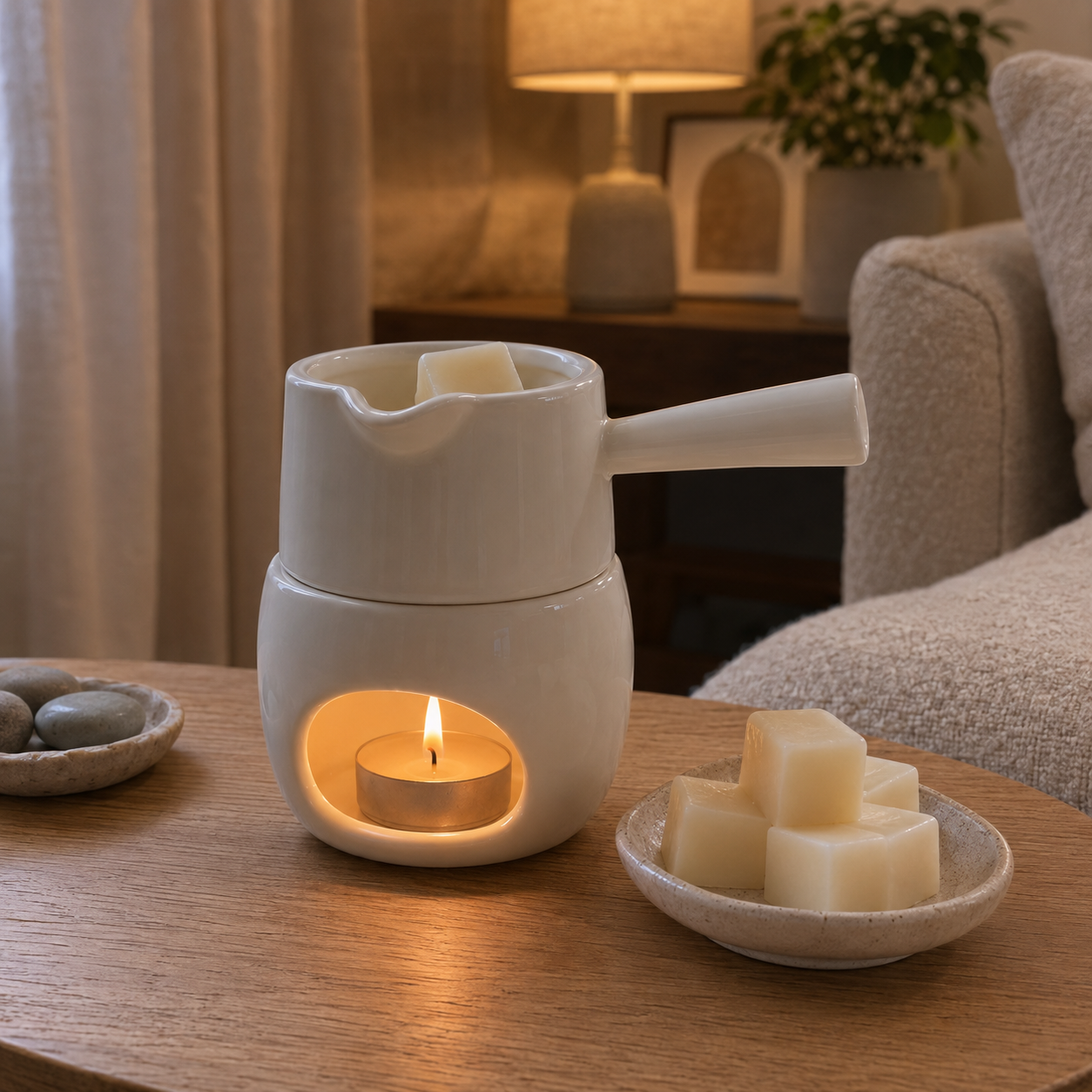 White ceramic wax melt and essential oil burner glowing in a warm living room setting