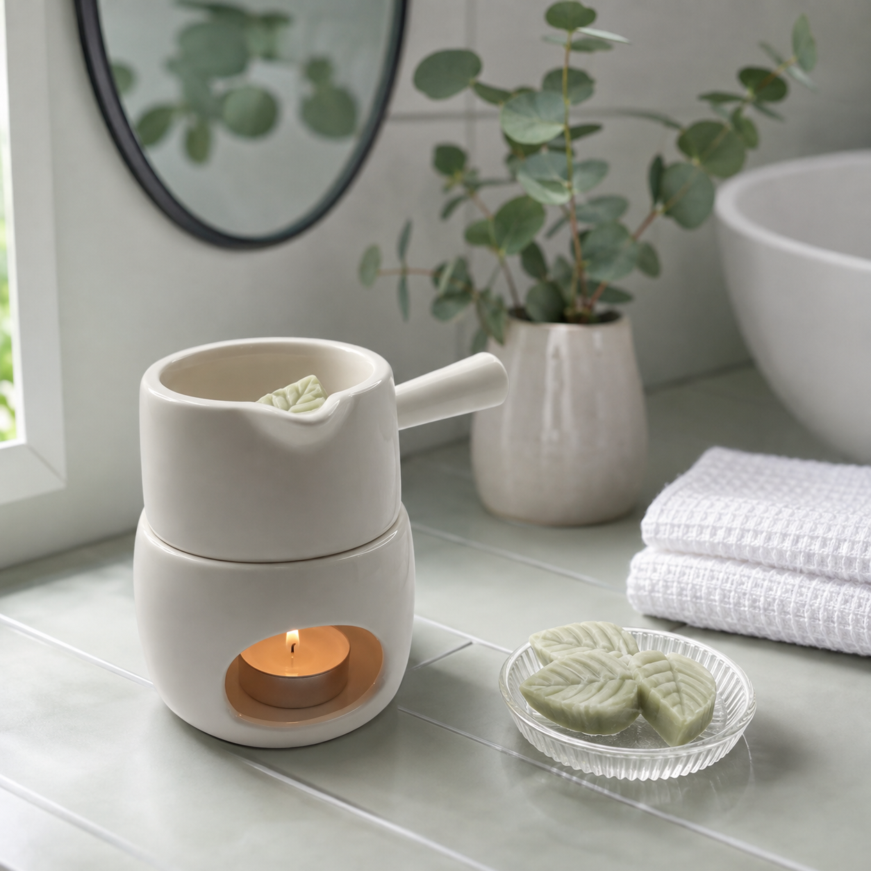 White ceramic wax melt and essential oil burner with a tealight in a bright bathroom setting