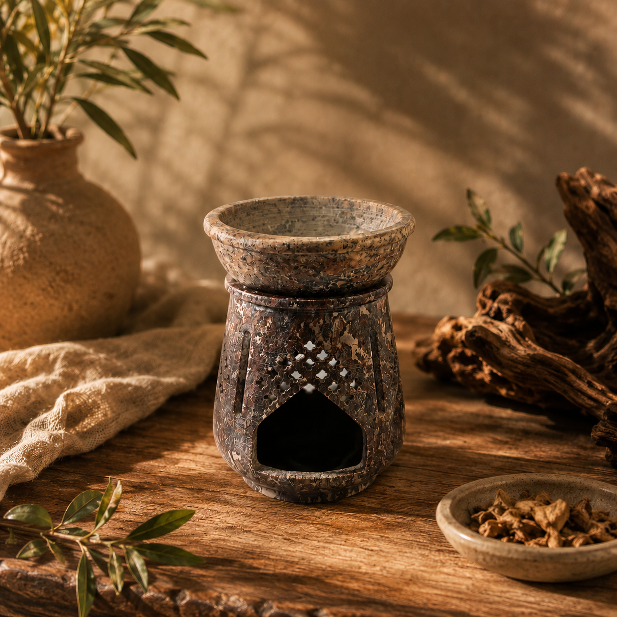 Soapstone wax melt and essential oil burner styled with resin in a warm neutral setting