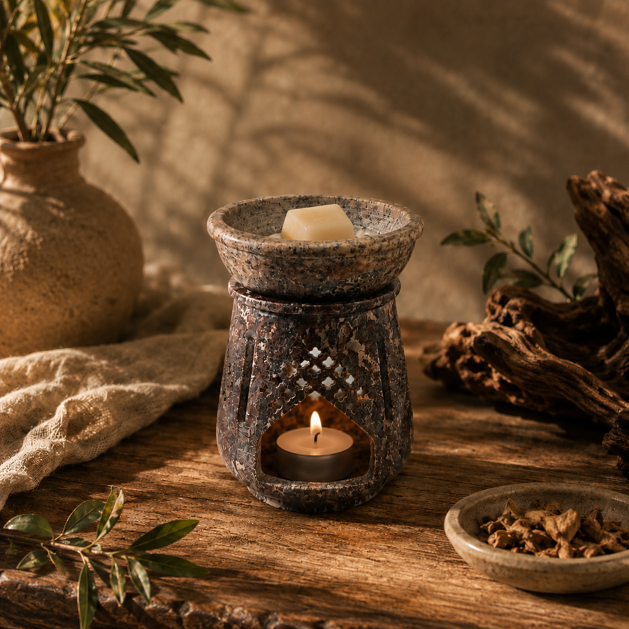 Soapstone wax melt and essential oil burner lit with a tealight