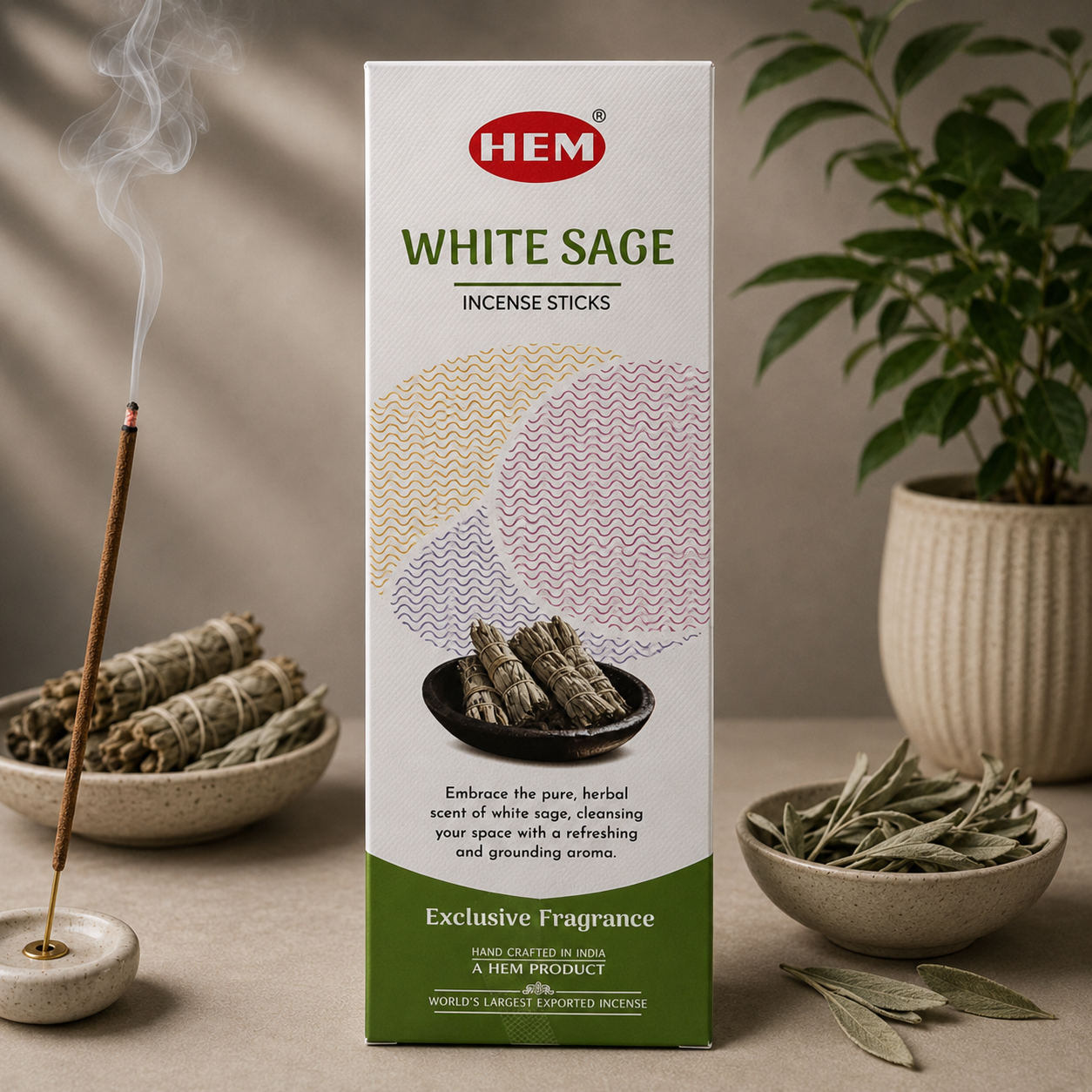 HEM White Sage incense sticks packaging with incense sticks and leaves on a neutral background