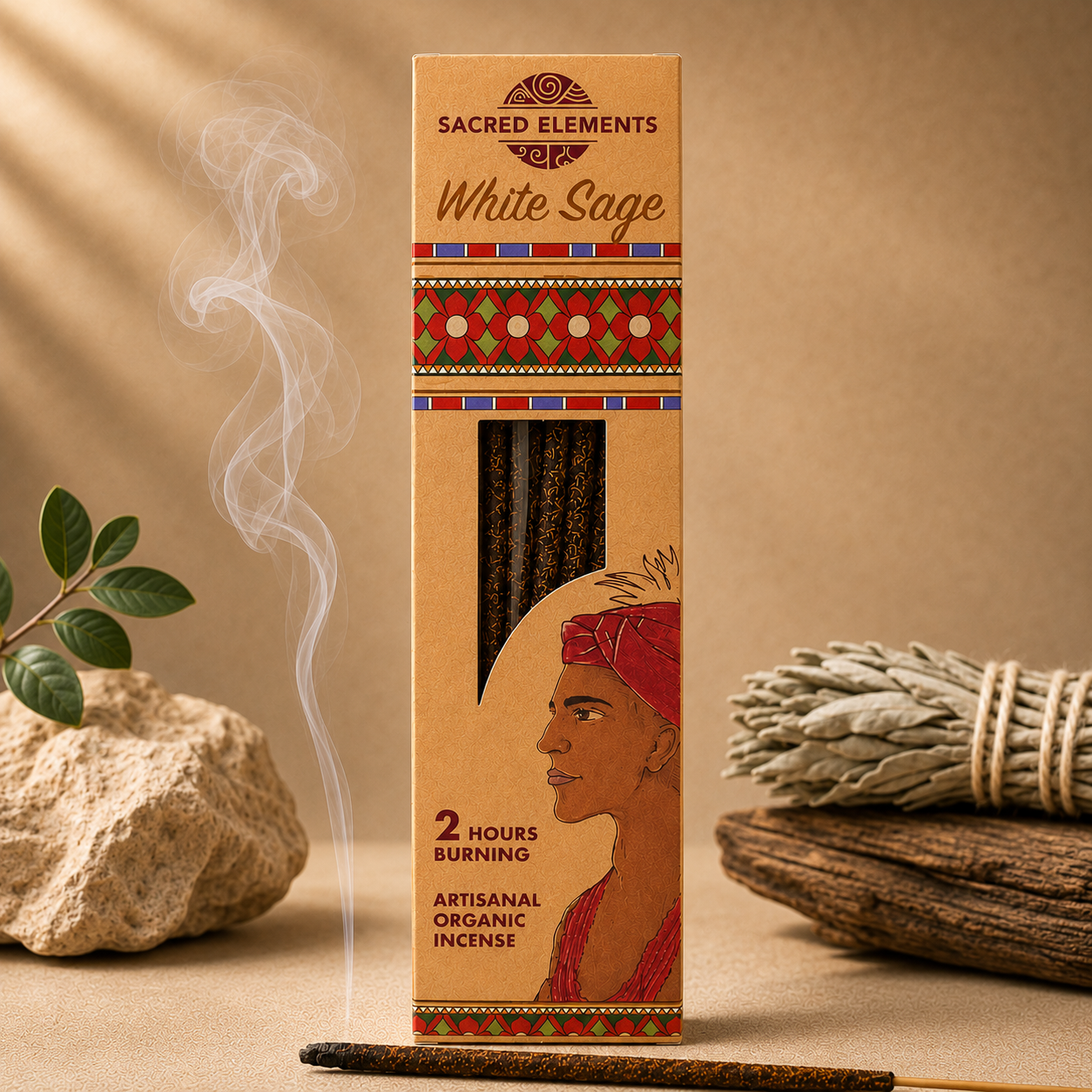 Box of Sacred Elements White Sage incense with smoke, rock, and plant on a beige background