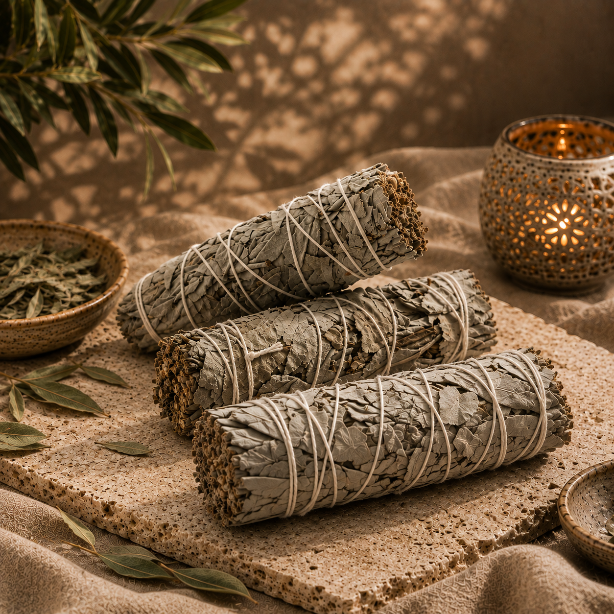 White sage smudge sticks bundled with twine in a warm home ritual setting