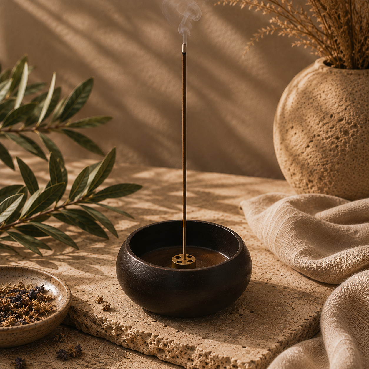 Minimalist wooden incense burner holding a burning incense stick
